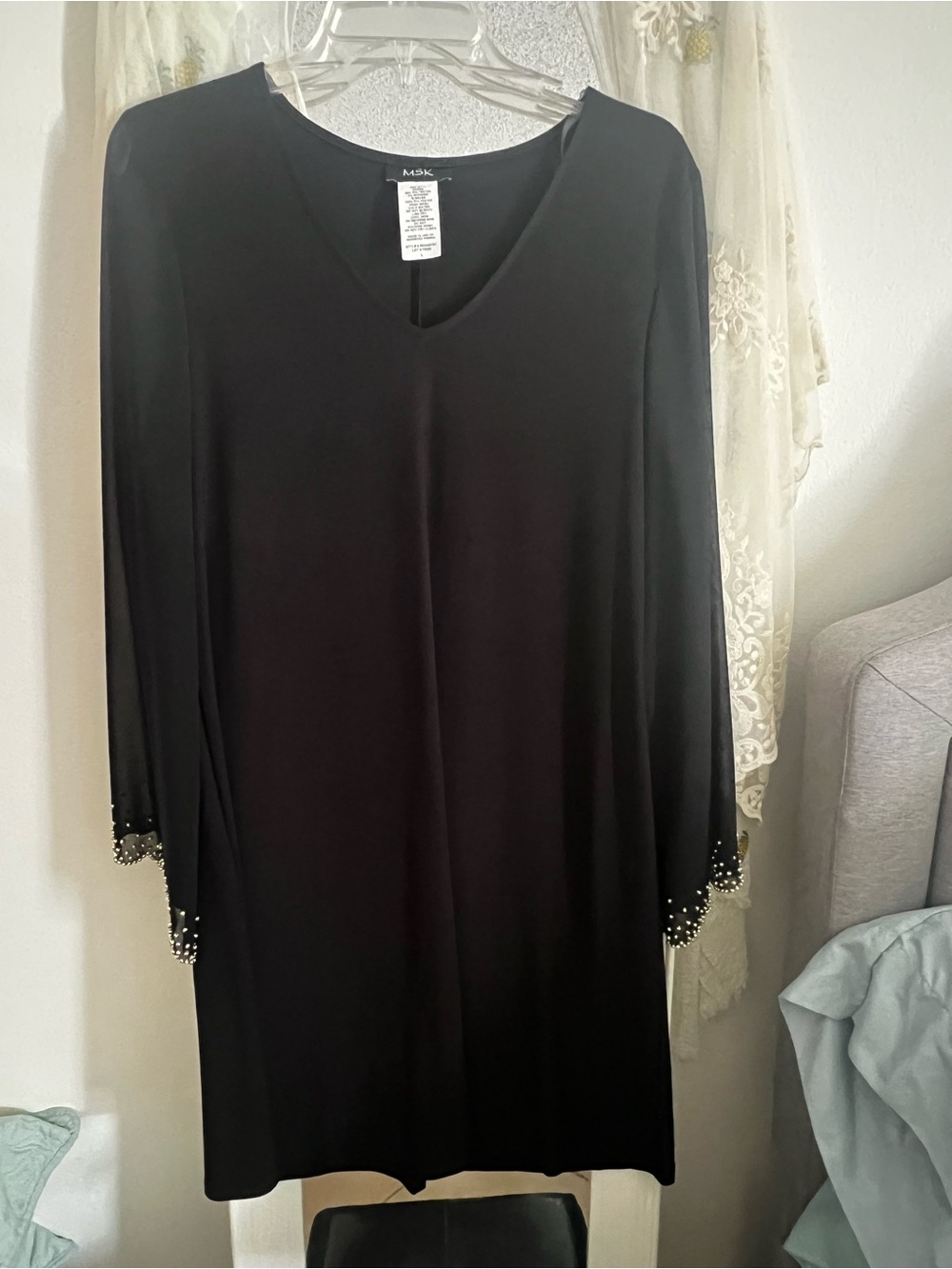 MSK Black Long-Sleeve V-Neck Dress with Beaded Cuffs